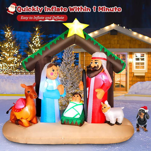 6FT Christmas Inflatable Nativity Scene with Baby Jesus, Parents, Donkey, Sheep, - Picture 2 of 6