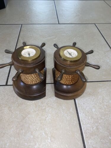 Vintage Rare Wood Ships Wheel Nautical Bookends With Compasses Preowned