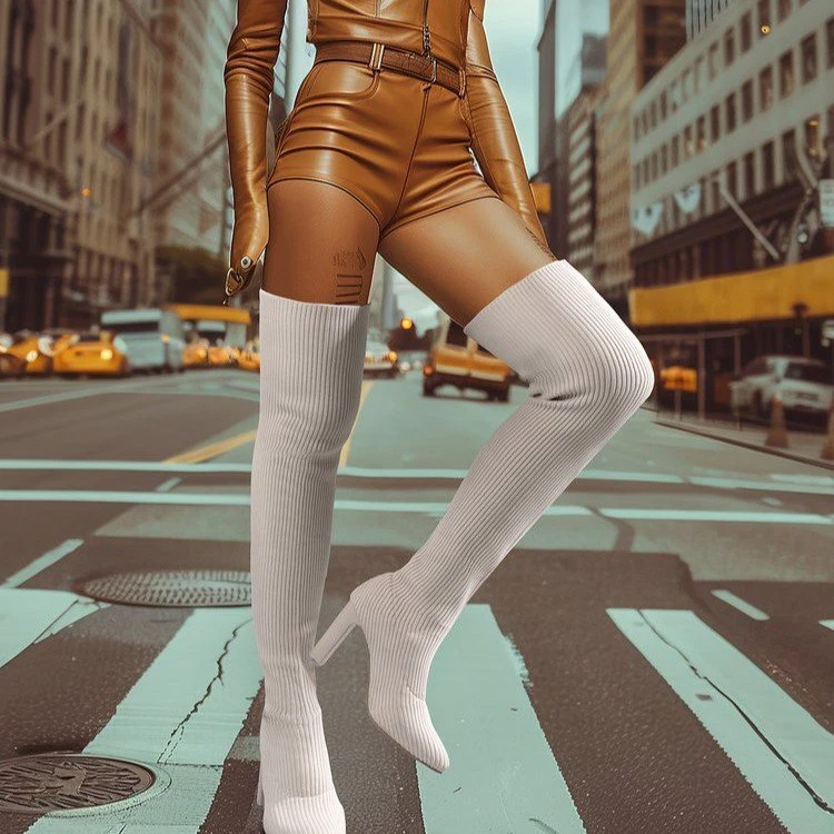 Western Runway Womens Over The Knee Boots High Block Heel Pointed Toe Knitted Sz - Image 3 of 4