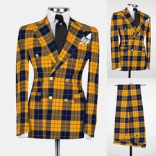 Plaid Check Men Suits Slim Fit Peak Lapel Double Breasted Wedding Party Wear