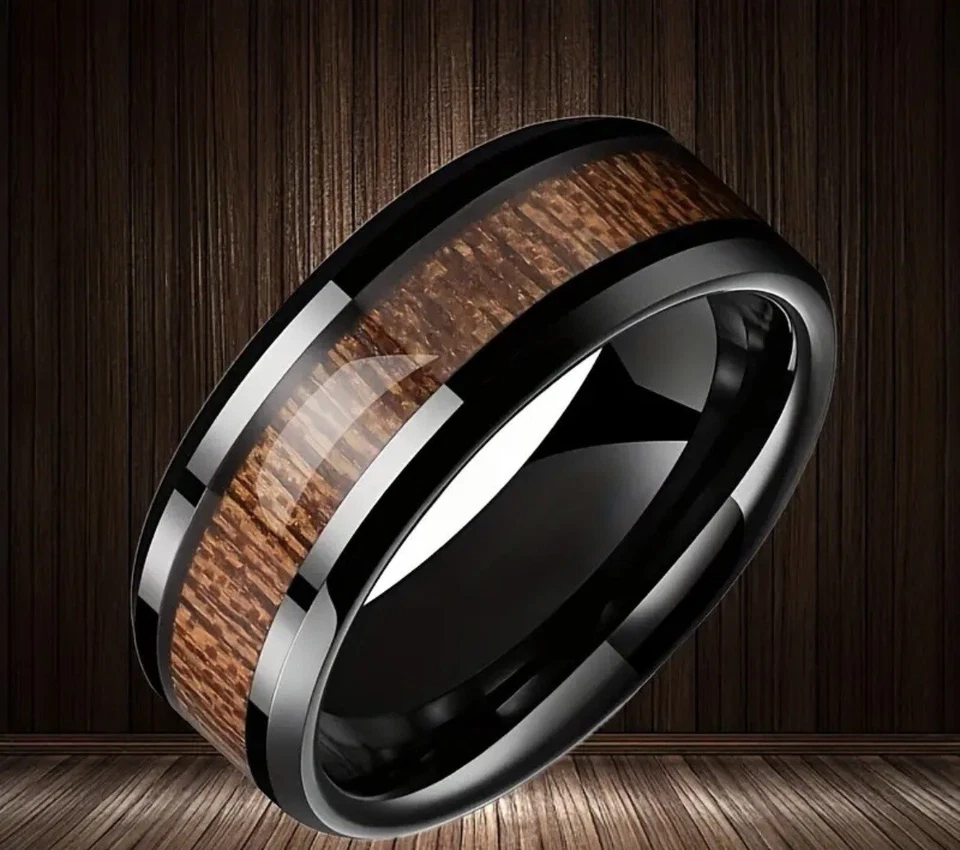 Мужской размер 9-13 из нержавеющей стали коричневый дерева инкрустация полированный кольцо - Изображение 4 из 4