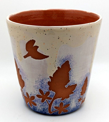 No Brainer Pottery Pot Vase Utensil Holder Planter Birds Flowers Blue Purple