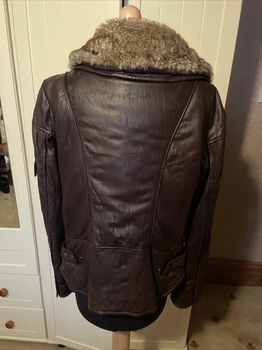 FIRETRAP Cody Dark Brown Genuine Leather Fur Collar Ladies Biker Jacket Size L - Picture 14 of 22