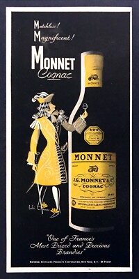 1700's French Gentleman art by Bobri 1956 Monnet Cognac Bottle photo print ad