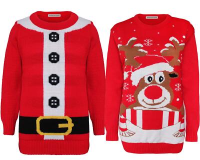 New Girls Knitted Jumper Christmas XMass Reindeer Santa Sweater Pullover Top