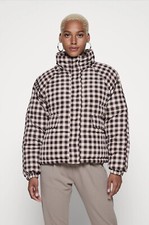 Ichi Puffer Winter Coat Rainproof Stain Resistant Brown Cream Plaid Check Xs