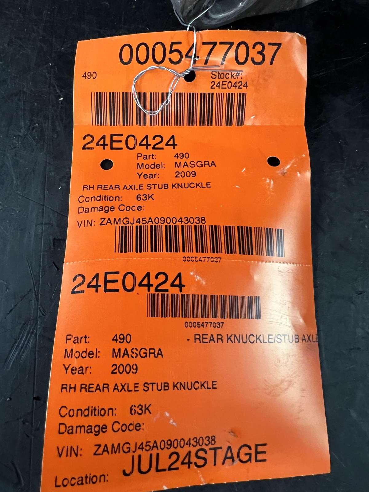 08-19 MASERATI GRANTURISMO REAR PASSENGER RIGHT AXLE STUB KNUCKLE