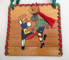 Antique Hand Painted/Woven Slatted Wood Czech Folk Art Envelope Purse, 6", EUC