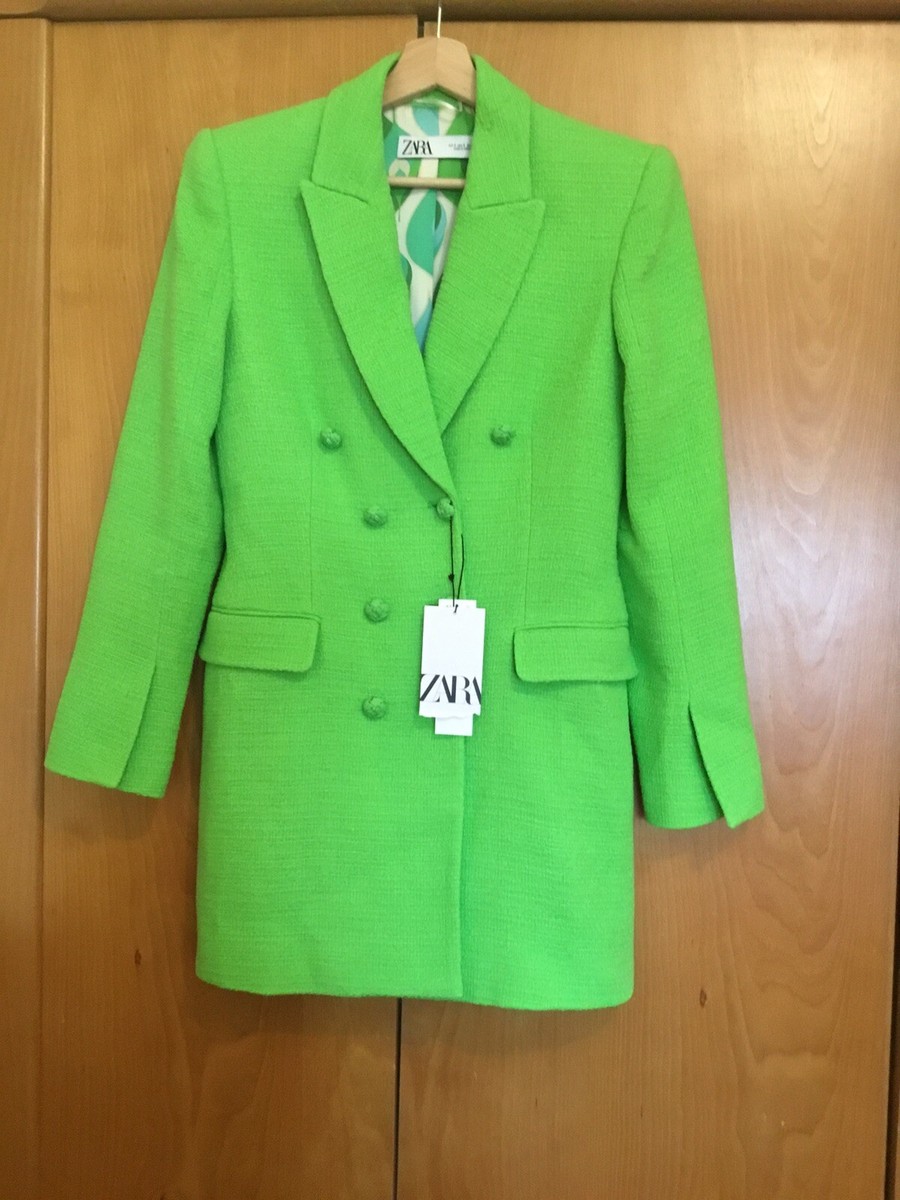BNWT ZARA NEON GREEN TEXTURED DOUBLE BREASTED BLAZER DRESS SIZE S
