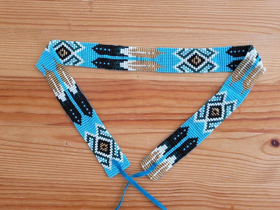 Banda de sombrero con cuentas de semillas occidentales banda de sombrero de vaquero azul y dorado banda de sombrero de pluma Foto 2 de 4