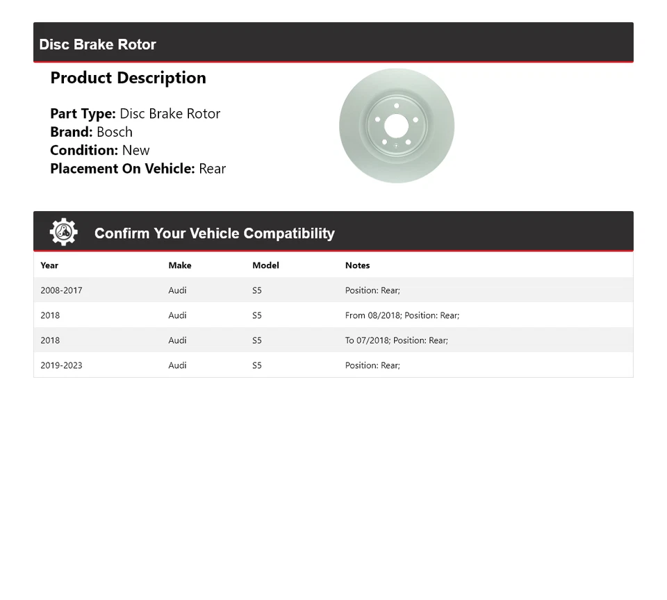 Para 2008-2023 Audi S5 Bosch QuietCast rotor de freio a disco traseiro 2009 2010 2011 2012 - Imagem 2 de 4
