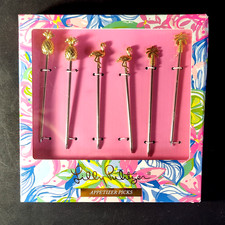 LILLY PULITZER APPETIZER PICK SET, 22K Plate, Pineapple, Flamingo & Palm, 6PCS
