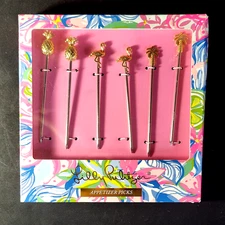 LILLY PULITZER APPETIZER PICK SET, 22K Plate, Pineapple, Flamingo & Palm, 6PCS
