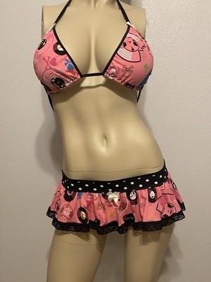 3 Piece Tokidoki Top Thong Ruffle Micro Mini Skirt Lingerie Rave Exotic Dancer