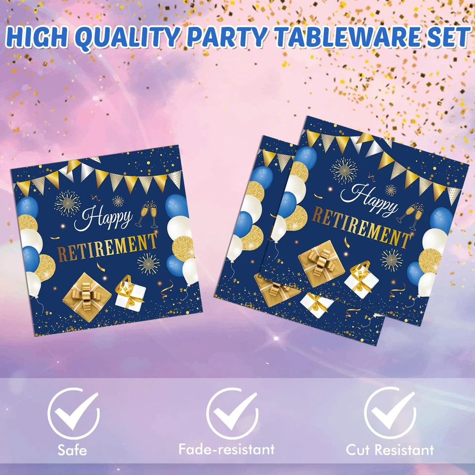 Platos y servilletas desechables de jubilación, decoración de fiesta azul dorado para hombres mujeres Foto 4 de 4