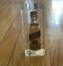 Johnnie Walker RED  Label Scotch Mini Bottle encased Lucite/ Resin Paper Weight