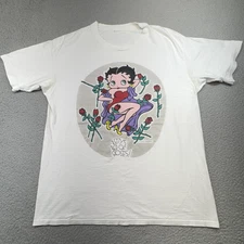 Vintage Betty Boop Shirt Mens Large White Red Roses Cartoon Graphic 90s NJ Croce