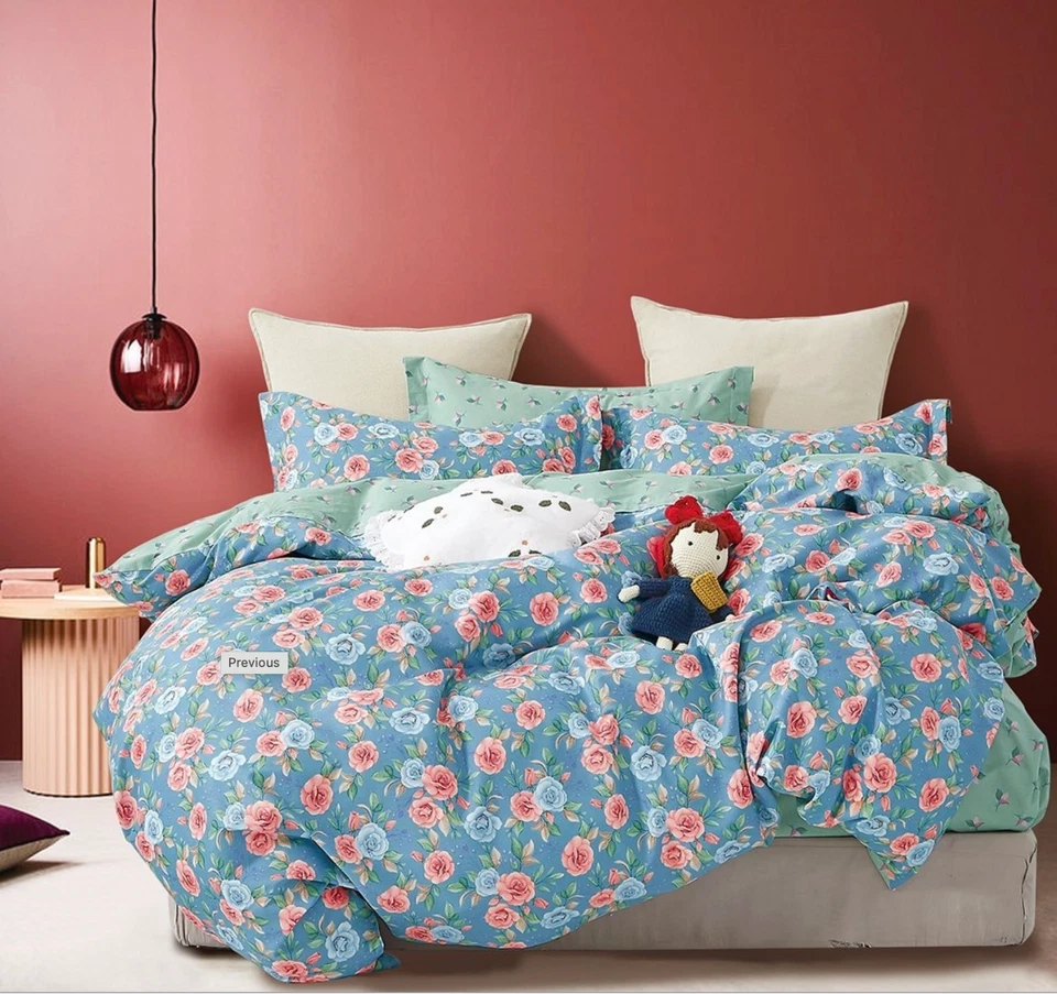 Juego de edredón reversible de algodón rosa azul Danubio floral Shabby Chic Cottagecore Foto 2 de 2