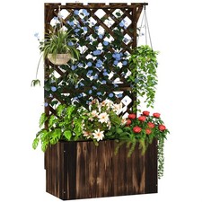 Outsunny Wooden Planter with Trellis and Drainage Holes, Carbonised