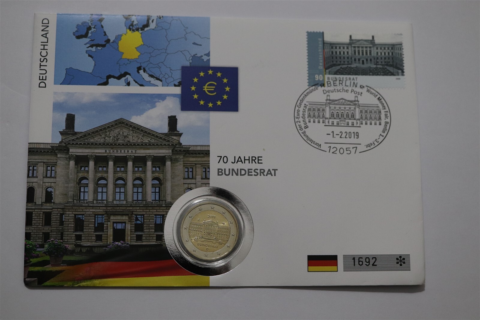 🧭 🇩🇪 ALLEMAGNE 2 EURO 2019 70 ANS BUNDESRAT COIN COVER B58 #15 POR33