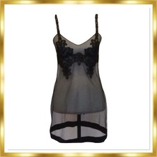La Perla Silk Black Sheer Paisley Appliqu  Mesh Chemise Slip Size 2