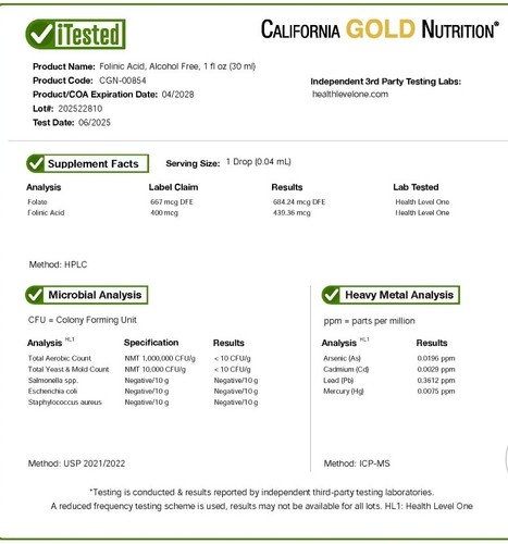 Folinsäure Leucovorin California Gold Nutrition alkoholfrei 30ml, Sprachverzögerung - Bild 4 von 4