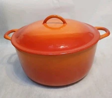 Vtg Descoware Flame Orange Lidded Enameled Cast Iron Dutch Oven Belgium 9.5”