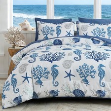 Coastal King Size Comforter Set 7 Piece, Soft Beach Themed Comforter, Summer