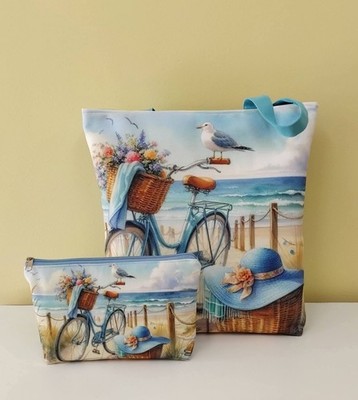Handmade Cotton Beach Tote Bag Set with Cosmetic Pouch Coastal Summer Bag