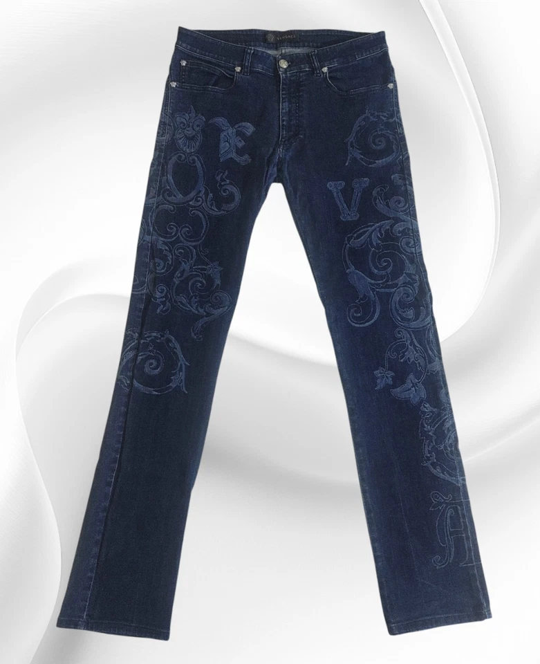 Versace Jeans Men S/32 US Blue Jacquard Baroque Patterned Cotton A76165S - Imagen 3 de 4