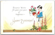 Vintage Happy Birthday Postcard Boy Flowers 1 Cent Postage Made in USA