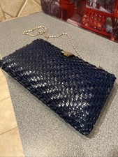 Vintage BLUE Evening Bag Clutch With Brass Chain And Toggle Snap Closure 10x5