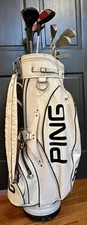 Vtg Set Ping Golf Clubs (4-W Red Eye Irons, 4 Woods, Putter) + White Leather Bag