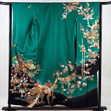 Marke Furisode Kimono Grün Seide M Größe 156cm 65cm Hervorragend Gebrauchsfertig