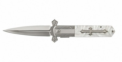 Stiletto Folding Knife 8.5'' Silver Cross Pearl Handle Manual Open Pocket Knife
