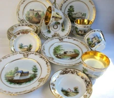 Old Paris Porcelain Tea service for 4, hand painted French chateaus 19th century