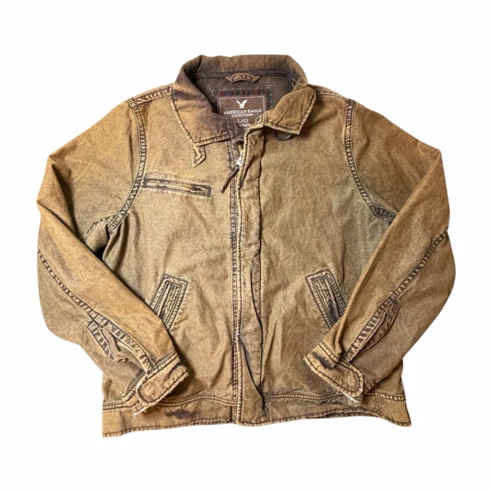 Chaqueta De Colección American Eagle Para Hombre L Marrón Denim Cremallera Completa Envejecido Abrigo Y2k Foto 2 de 4