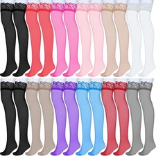 Jeyiour 12 Pairs Thigh High Stockings Silicone Lace Top Semi Sheer Stockings... 