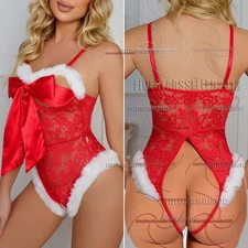 Christmas Gift Unwrap Me Satin Bow Teddy Women's Sexy Lingerie Naughty Sleepwear