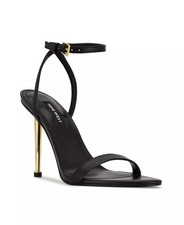Nine West La reina Black Strappy Heels Gold Ankle Strap Buckle Open Toe Women's