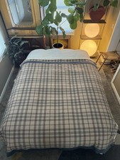 Vintage Wool Blanket Satin Trim Queen Plaid Neutral Camp Cottage 100 Wool 76x84