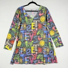Inoah Graphic Print V Neck Long Sleeve Tunic Medium Whimsical Bold Color Artsy