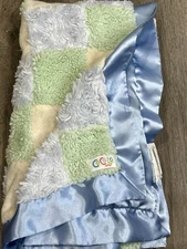 Cocalo Baby Blue Green Ivory Plush Swirl Square Patchwork Blanket Satin back
