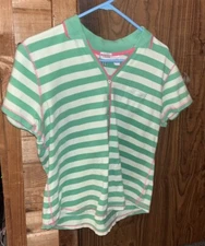 IZOD Polo Shirt Top Women’s Stretch Green Striped Short Sleeve V-Neck XL