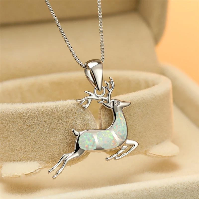 Pingente de alce de veado opala branca colar feminino 16" corrente chifres de animais fivela outono - Imagem 3 de 3