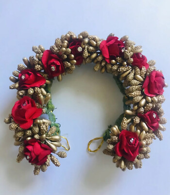 Indian Bridal Red Dull Gold Artificial Flower Wedding Jooda Hair Accessory 