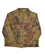Chicos Jacket Womens 2 Embroidered Patchwork Art Button Front Gold Floral