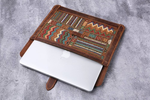 Personalized vintage leather computer sleeve bag for macbook pro 16 14 13 - Picture 7 of 12