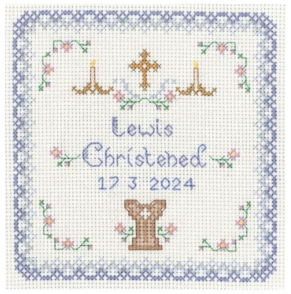 Christening Sampler in Blues - complete cross stitch kit on 14 aida