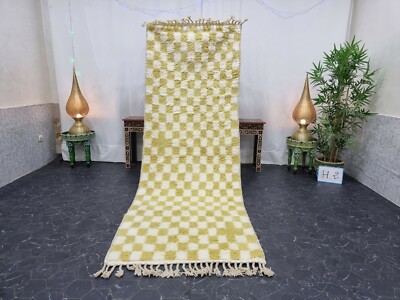 Moroccan Handmade Beni Ourain Rug 3'4''x9'7'' Berber Checked White Yellow Carpet 